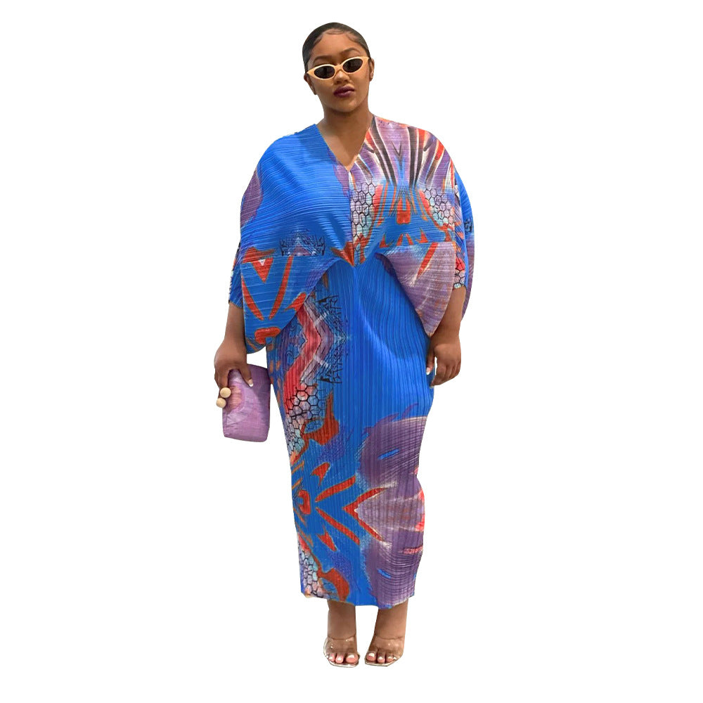 V-neck Batwing Sleeve Printing Dress