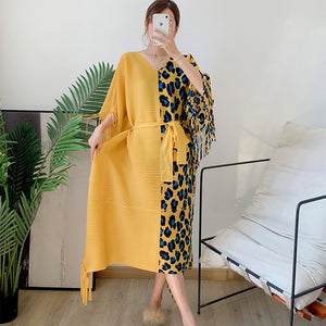 Autumn Women's Pleated Leopard Print Color-matching Dress