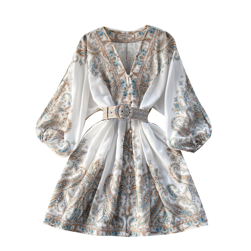 Printed Lantern Sleeve Midi Dress