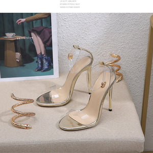 Rhinestone High-heeled Sandals Snakelike Winding Round Toe Transparent Large Size High Heels Women