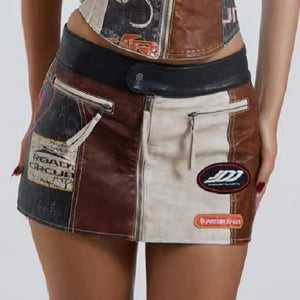 Stitching Racing PU Corset Mini Skirt