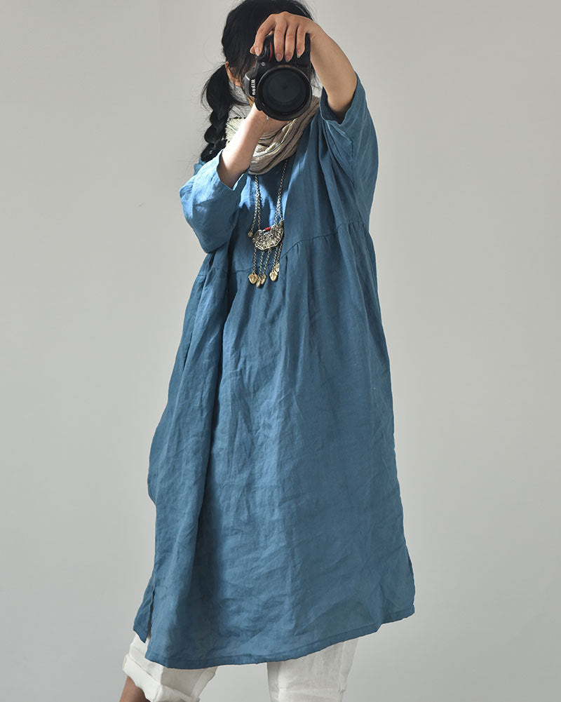Original Linen Round Neck Embroidery Thread 34 Sleeve Swing Dress