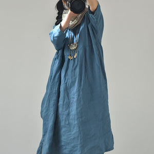 Original Linen Round Neck Embroidery Thread 34 Sleeve Swing Dress