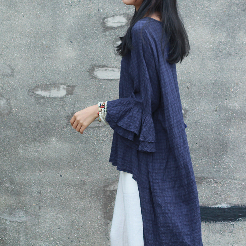 Double-layer Bell Sleeve Mid-length Cotton T-shirt Flower Sleeve Round Neck Irregular Top Artistic Loose Blouse