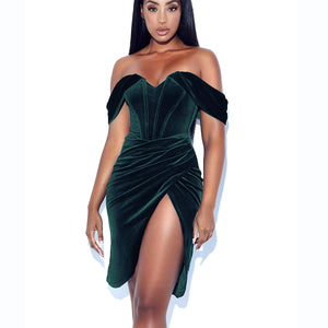 Velvet Herringbone Pleated High Slit Midi Skirt