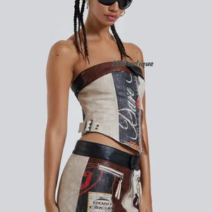 Stitching Racing PU Corset Mini Skirt