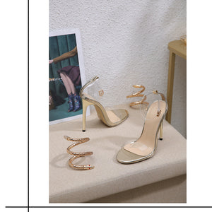 Rhinestone High-heeled Sandals Snakelike Winding Round Toe Transparent Large Size High Heels Women