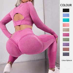 2pcs Sports Suits Long Sleeve Hollow Design Tops And Butt Lifting High Waist