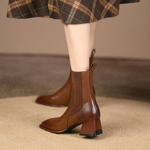 Square Toe Vintage French Chunky Heel Women's New Brown Knitted Stretch Socks High Heel Ankle Boots