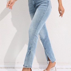 Commuter Split Straight Pants Fashionable Stretch Washed Jeans
