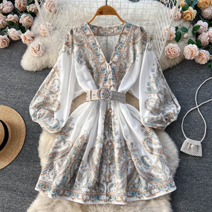 Printed Lantern Sleeve Midi Dress