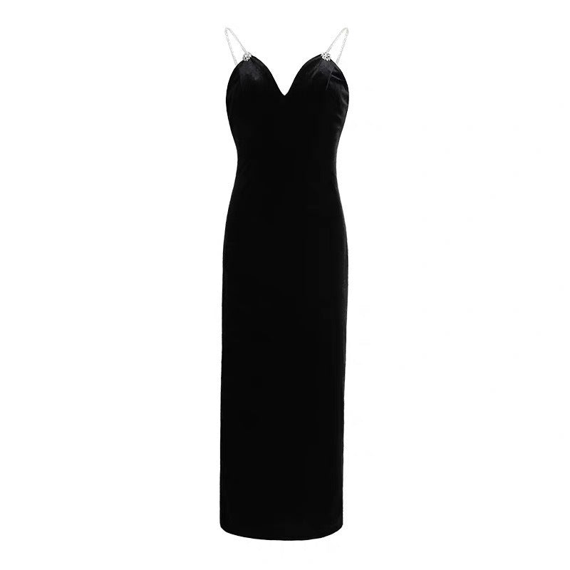 Black Diamond Decorations V-neck Strap Velvet Dress
