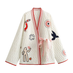 European And American Style Fashion Temperament V-neck Long Sleeve Embroidery Tie-neck Short Coat