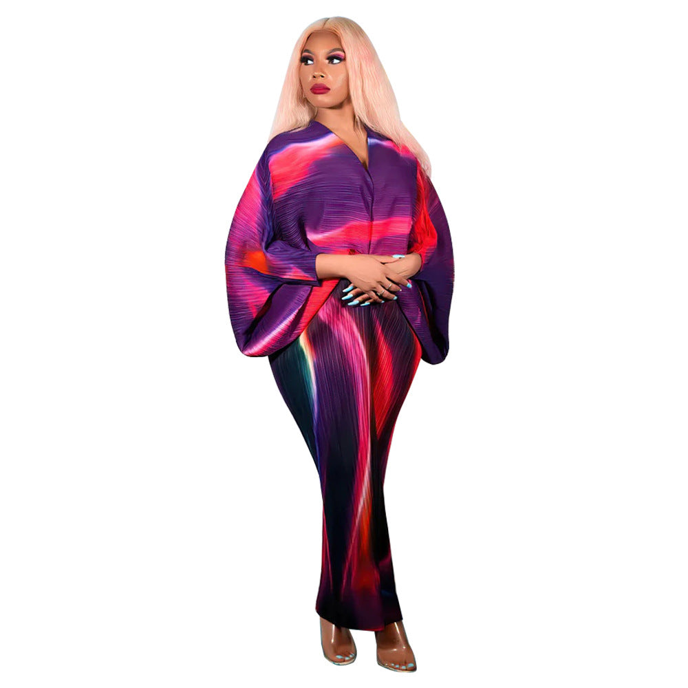 V-neck Batwing Sleeve Printing Dress