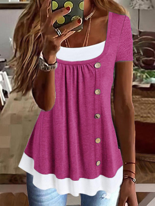 Round Neck Loose Pleated False Two-piece Suit T-shirt Top
