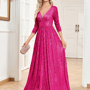Sequined Fall V-neck High Waist Party Formal Dress