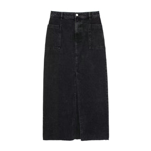 High Waist Button Double Pocket Slit Design Loose Skirt