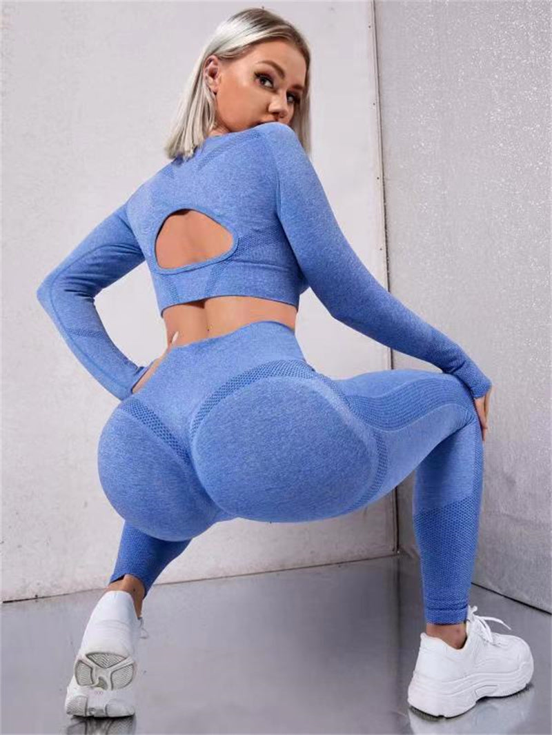 2pcs Sports Suits Long Sleeve Hollow Design Tops And Butt Lifting High Waist