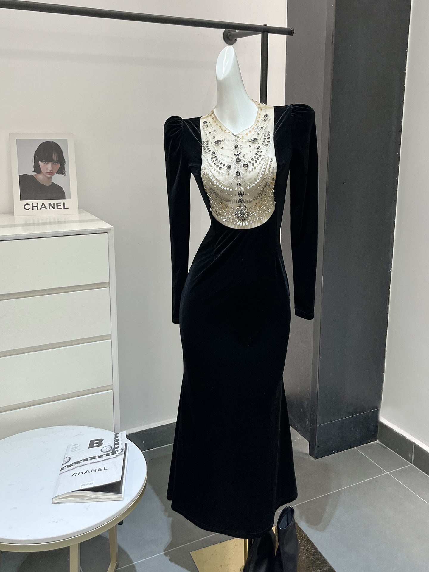 Black Heavy Industry Velvet Beads Dress Female Autumn Dress