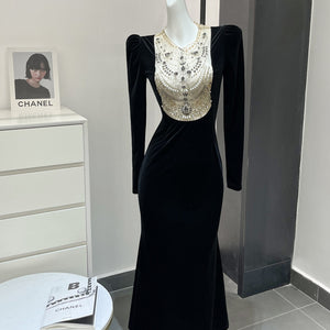 Black Heavy Industry Velvet Beads Dress Female Autumn Dress