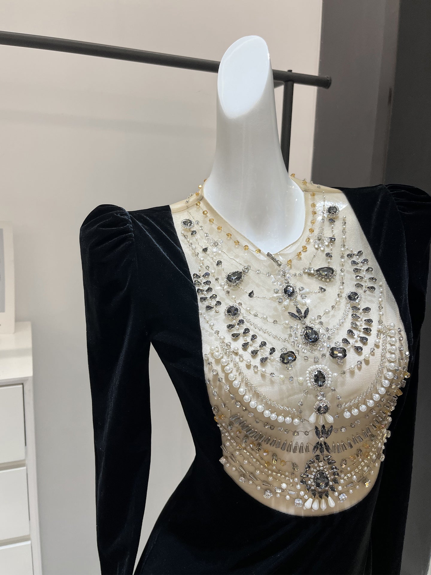 Black Heavy Industry Velvet Beads Dress Female Autumn Dress