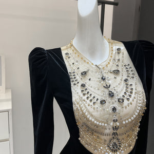 Black Heavy Industry Velvet Beads Dress Female Autumn Dress