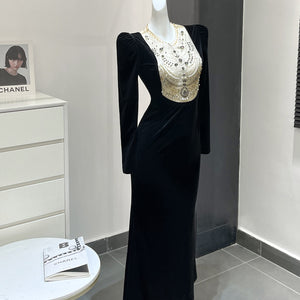 Black Heavy Industry Velvet Beads Dress Female Autumn Dress