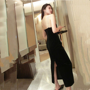 Black Diamond Decorations V-neck Strap Velvet Dress
