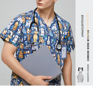 Surgical Gown Printed V-neck Pet Doctor Beauty Hospital Work Clothes Flower Dog Blue