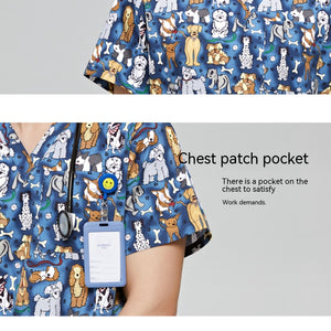 Surgical Gown Printed V-neck Pet Doctor Beauty Hospital Work Clothes Flower Dog Blue