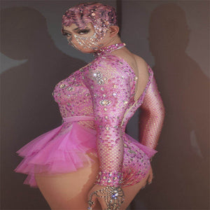 Dance Sexy Shiny Rhinestone Mesh Jumpsuit Stage Performance Costume Women
