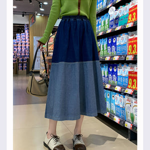 Women's Spring Plus Size Retro Blue Stitching High Waist Denim Skirt