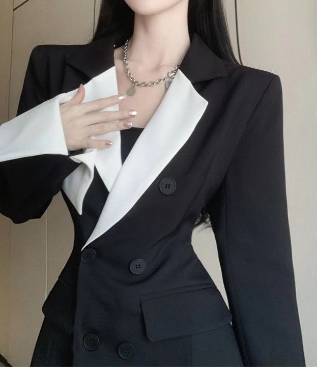 High Sense Design Contrast Color Suit Long Sleeve Slim Fit Dress