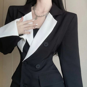 High Sense Design Contrast Color Suit Long Sleeve Slim Fit Dress