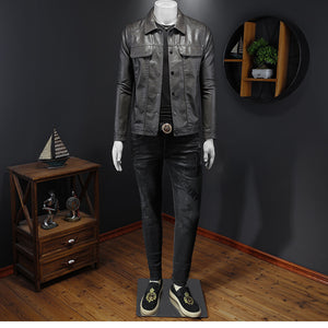 Men's Long-sleeved Lapel Motorcycle Pu Handsome Leather Coat