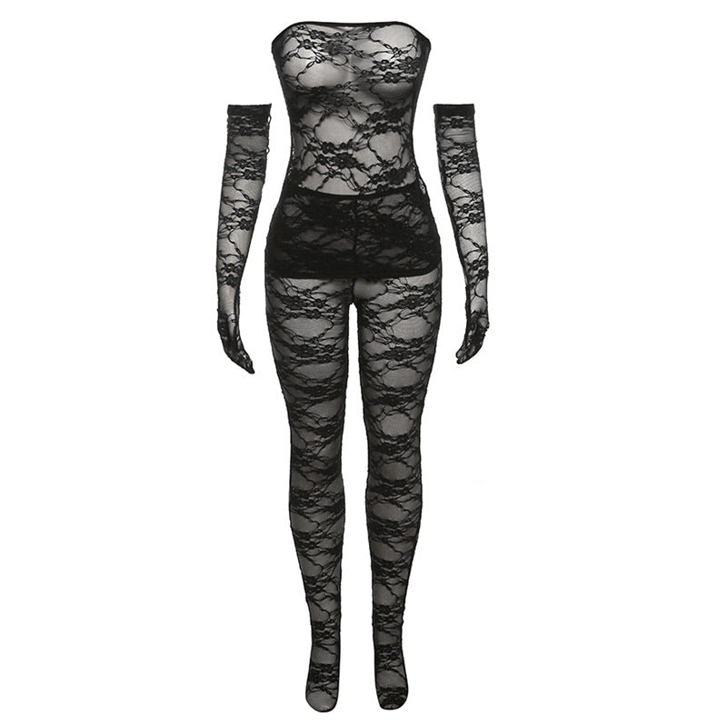 Lace Tube Top High Waist Tight Body Stocking Long Pants Suit