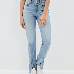 Commuter Split Straight Pants Fashionable Stretch Washed Jeans