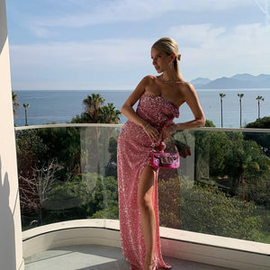 Women's Off-shoulder Slimming Sequins Backless Bow Split Tight Long Dress