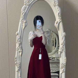 Small Plus Size Wine Red Puff Sleeve Princess High-grade Evening Dress