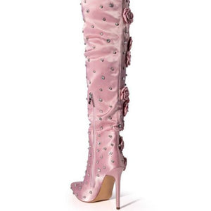 Silk Cloth Rivet Rose Over-the-knee Boots