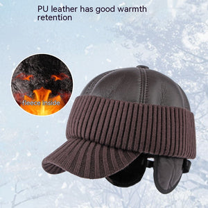 Men's Winter Leather Earflaps Warm PU Thickened Baseball Cap Hat