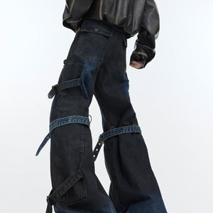 Retro Lace-up Design Feeling Slightly Pull Denim Niche Metal Buckle Casual Trousers