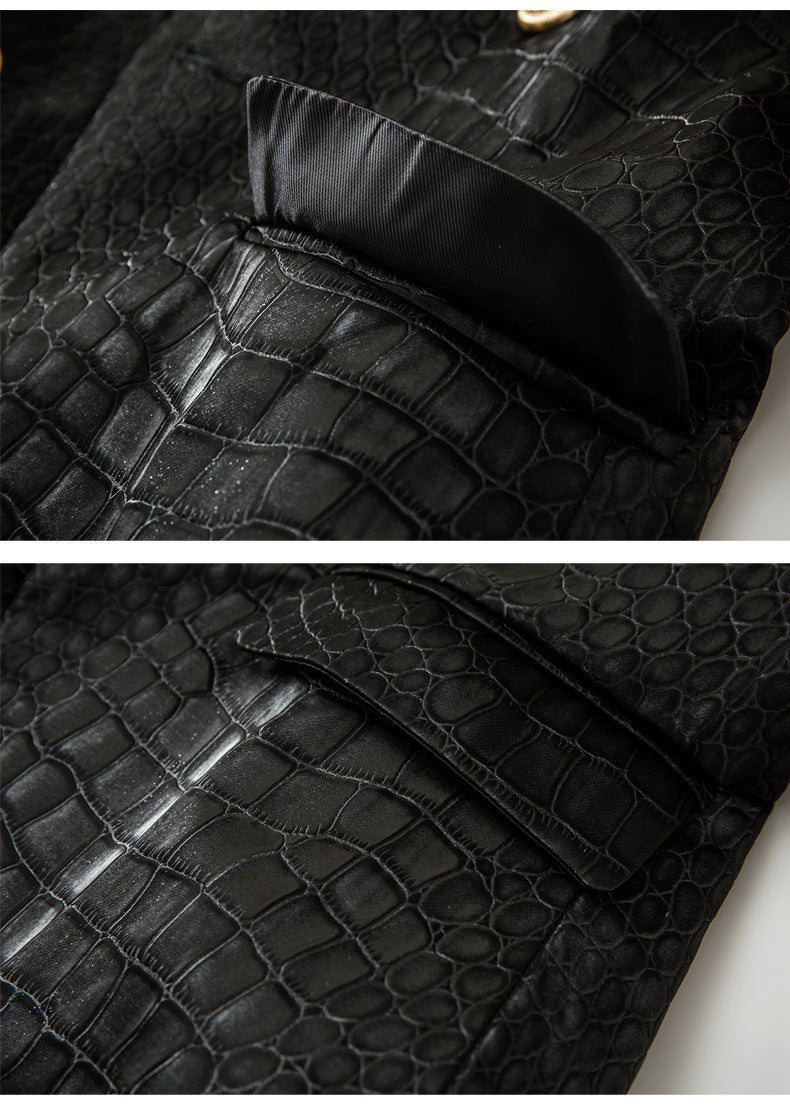 Suit Crocodile Leather Coat Slim-fit Top Metal Buckle Waist-tight Jacket