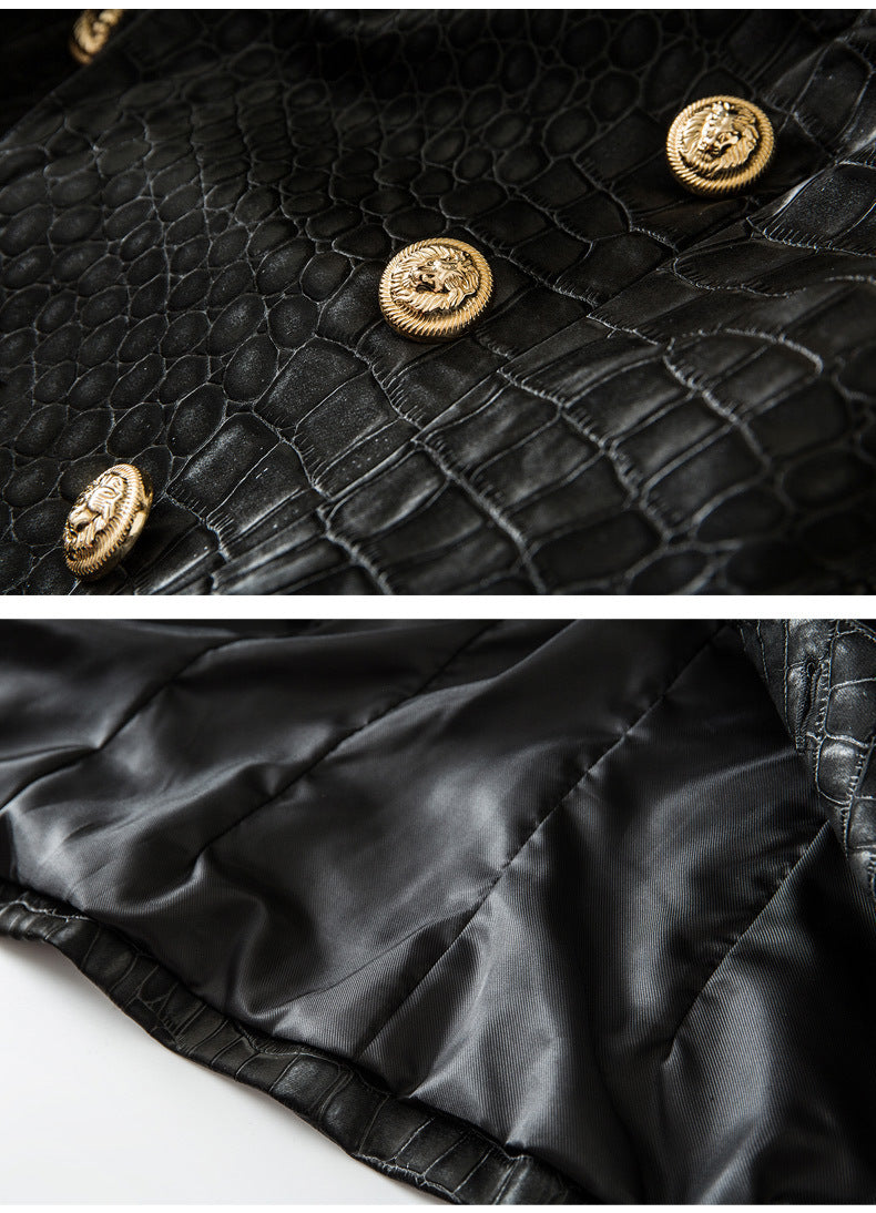 Suit Crocodile Leather Coat Slim-fit Top Metal Buckle Waist-tight Jacket