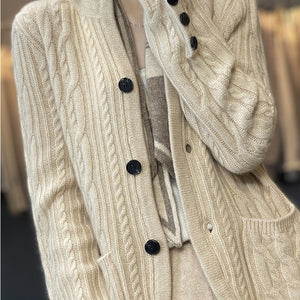 Pure Wool Cardigan Women's Stand Collar Outer Sweater Loose Knitted Coat