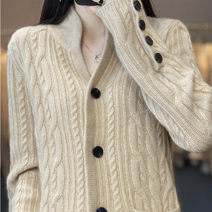 Pure Wool Cardigan Women's Stand Collar Outer Sweater Loose Knitted Coat
