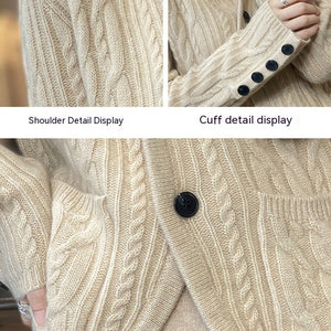 Pure Wool Cardigan Women's Stand Collar Outer Sweater Loose Knitted Coat