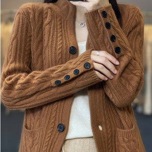 Pure Wool Cardigan Women's Stand Collar Outer Sweater Loose Knitted Coat