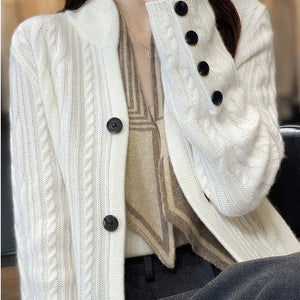 Pure Wool Cardigan Women's Stand Collar Outer Sweater Loose Knitted Coat