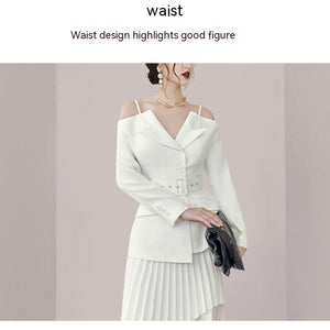 Solid Color Niche Slimming Waist Pleated Mid-length Dress Set